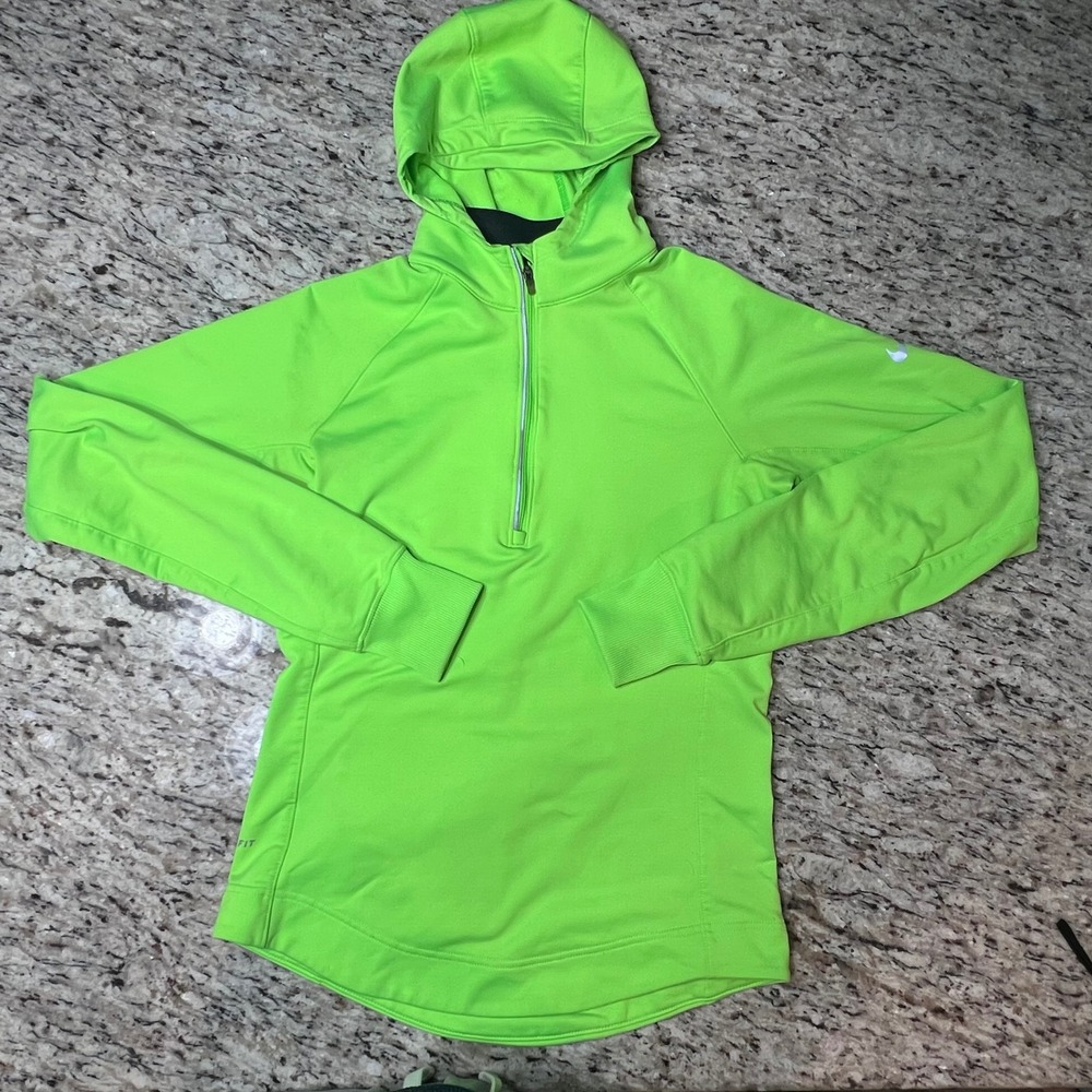 Women's Nike Dri Fit Neon Green Long Sleeve Hoodie Pullover Athletic Top Size S
